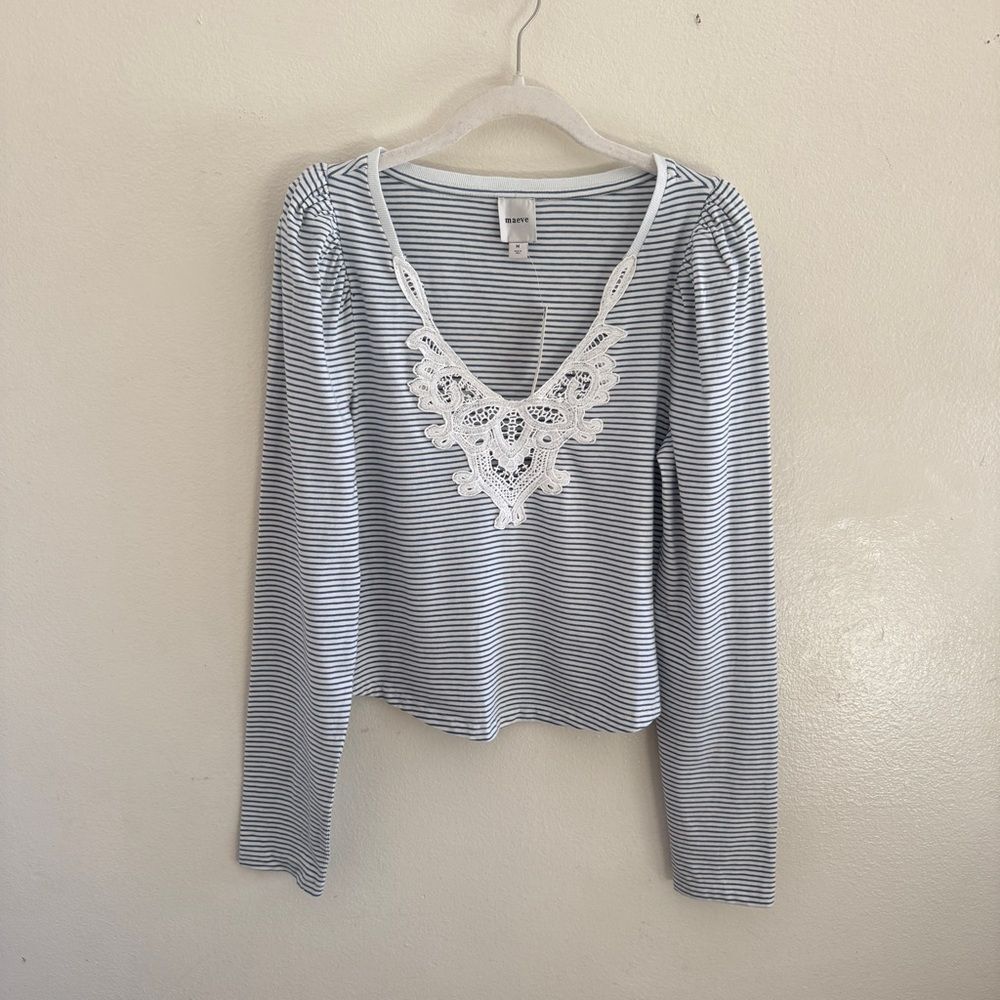 NWT Maeve Blue and White Striped Lace V-Neck Blouse M